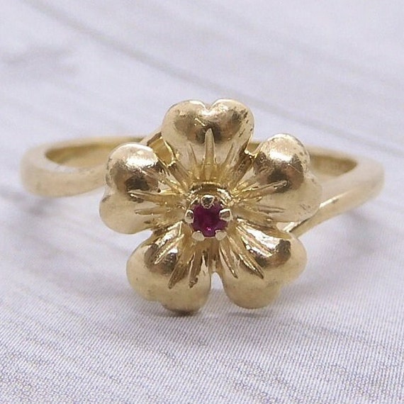 Forget Me Not Flower Ring Ruby Accent 14K Gold - image 1