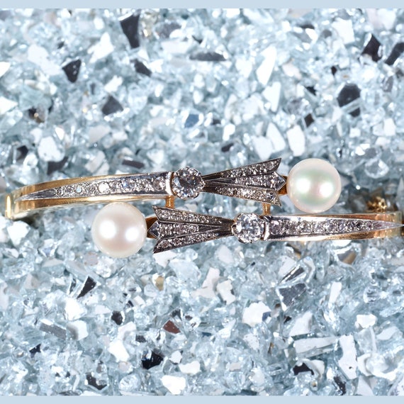 Retro 1.54 ctw Diamond & Pearl Bypass Bangle in 1… - image 1