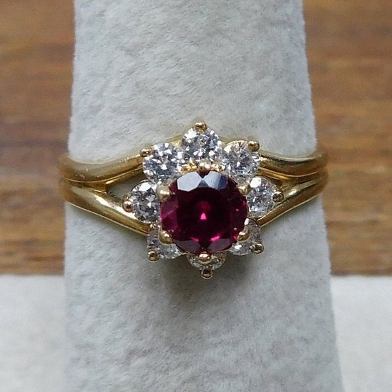 1.13 ctw Created Ruby and Faux Diamond Halo Ring … - image 5