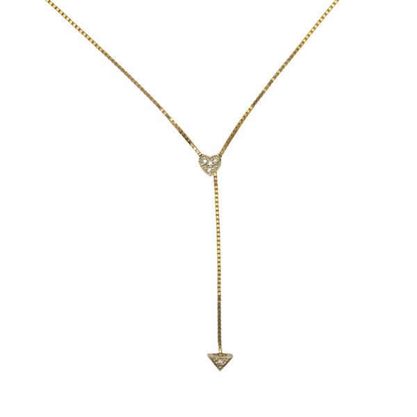 Diamond .06ctw Heart Lariat Box Chain Link Necklace 14K Yellow & White Gold ~ Adjustable ~ Two-Tone