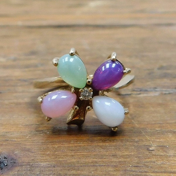 Jeweled Clover/Shamrock Ring Star Sapphire & Diamond 14K Gold