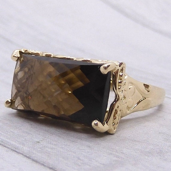 7.80 ct Checkerboard Faceted Smoky Quartz Ring 10… - image 1