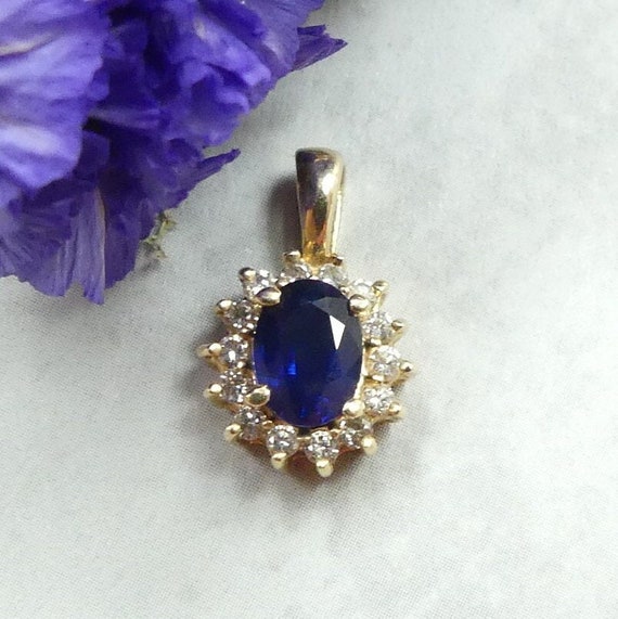 1.44ctw Sapphire & Diamond Halo Pendant 14K Yello… - image 1