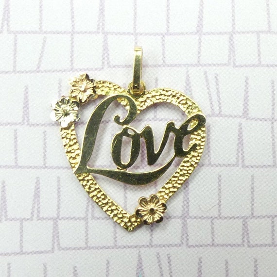 Floral 'Love' Heart Pendant 14K Tri-Gold