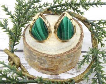 Tear Drop Malachite Earrings 14K Yellow Gold