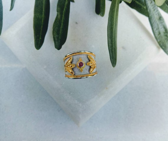 Natural Ruby Ring Byzantine Style 925 Sterling Si… - image 1