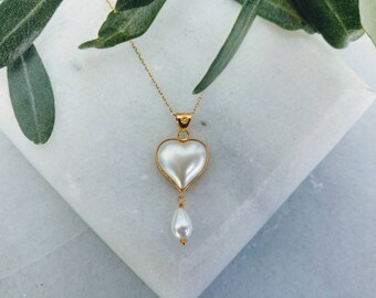 18K Valentine Pearl Heart,18K yellow gold,Valentine&#39;s gift,Pearl pendant,Gold and Pearl,Best valentine gift for her,Love pendant,Pearl Heart