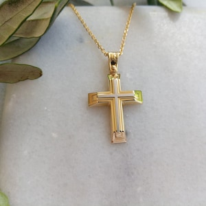 Zwei Farben K14 Goldkreuz.Taufe Gelb und Weißgold Kreuz.Kreuz für Jungen.Baptist Goldkreuz.K14 Goldkreuz.Mann Kreuz.Christian Anhänger