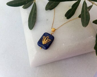Solid gold k18 Handmade Byzantine Style Pendant. Precious Lapis lazuli stone.K18 yellow gold.Greek jewelry.Pendant for Woman.Byzantine jewel
