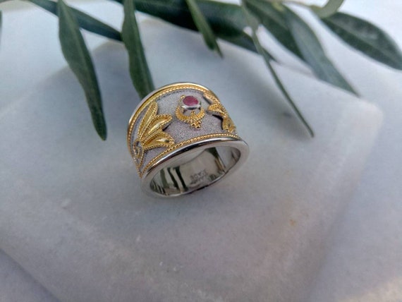 Natural Ruby Ring Byzantine Style 925 Sterling Si… - image 2