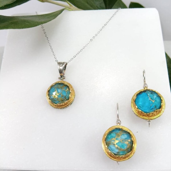 Silver 925 Pendant and Earrings.Handmade Byzantine Set.Apatite,Turquoise Copper,Ruby,Ivory,Lapis.Greek jewelry.Set for Her.24K gold plated