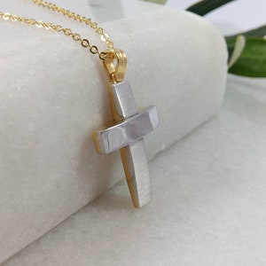 Two-colors K14 Gold Cross.Yellow and White gold. Double Sided K14 Gold Cross.Cross for boy.Baptism gold cross.Man&#39;s Cross.Christian pendant.