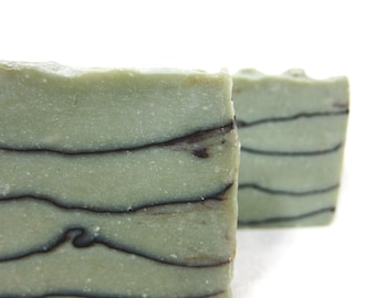 French Green clay n' cocoa soap with Sage essential oil. Cold processed, hand made, all natural, unscented, vegan soap.