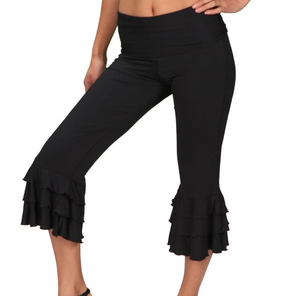 Ruffle Pants Bloomer Capri Yoga Pants | Flared Leg Pants in Black