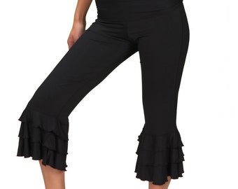 Ruffle Pants Bloomer Capri Yoga Pants | Flared Leg Pants in Black