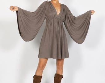 Bell Sleeve Goddess Boho Mini Dress in Mushroom Taupe