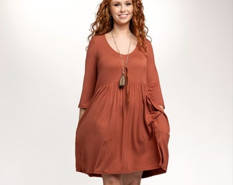 Bamboo Fabric Dress with Pockets in Apricot Crush Rust Above the Knee