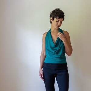 Cowl Front Backless Halter Top in Jasper Green Boho Drape Blouse