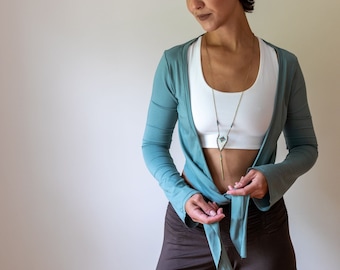 Ballet Jacket | Tie in Front Mini Jacket | Yoga Wrap Top | Women's Blouse | Cover up Top | Shrug in Sage Green