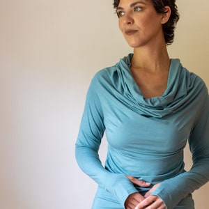 Star Cowl Neck Hoodie Shirt with Thumbholes in Aqua