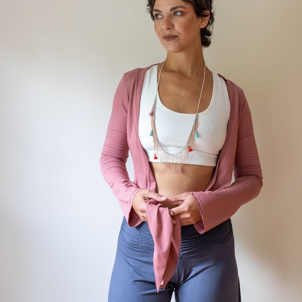 Ballet Jacket | Tie in Front Mini Jacket | Yoga Wrap Top | Women's Blouse | Cover up Top | Shrug in Canyon Rose