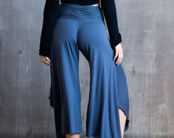 Ruched Waistband, Flowy, Wide Leg, High Waist Gaucho Pants in Gray