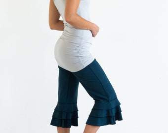 Ruffle Bloomer Capri, Flared Leg Yoga Pants in Dark Teal