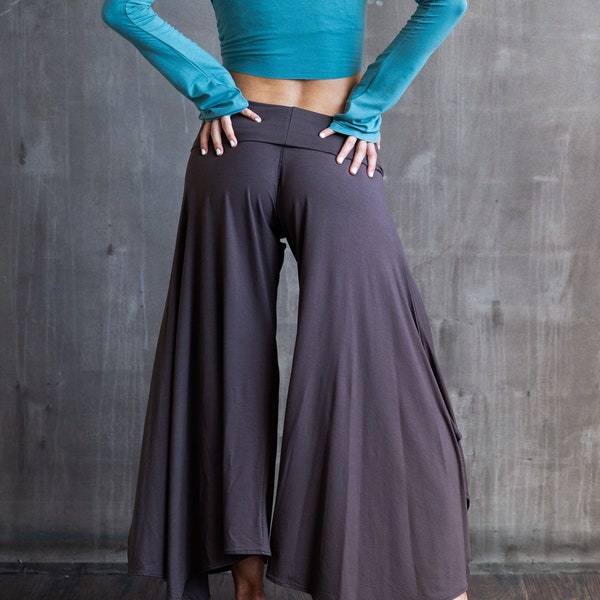 Paris Wide Leg, Flowy, Fold-over Waistband Gaucho Pants, Culottes in Mocha