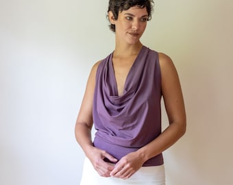 Cowl Front Backless Halter Top in Amethyst Lavender Drape Blouse