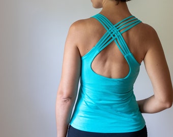 Strappy Lattice Back Yoga Tank Top with Built in Bra in Turquoise Blue