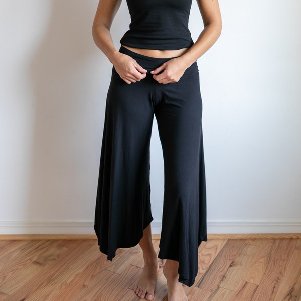 Paris Wide Leg Gaucho Pants, Flared Leg Culottes with Fold Over Waistband in Black