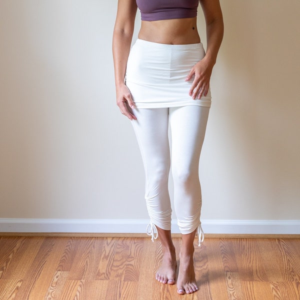 Cinched Ruched Yoga Leggings with Lace Up Side Ties in White