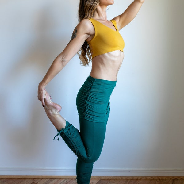 Ruched, Cinched , Lace Up Yoga Leggings with Mini Skirt in Jasper Green