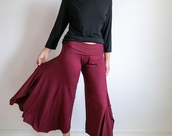 Paris Wide Leg, Flowy, Gaucho Pants, Culottes with Fold Over Waistband in Burgundy