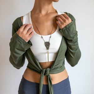 Ballet Jacket | Yoga Wrap Top | Tie in Front Mini Jacket | Women's Blouse | Cover up Top | Shrug in Olive