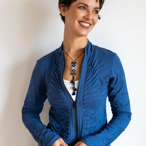 Mrs. Peacock Ruched Zip Front Jacket Indigo