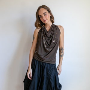 Cowl Front Backless Halter Top in Mocha Boho Brown Drape Blouse
