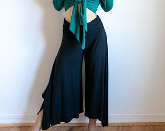 Ruched Waist Wide Leg Pants – Boho Flare, Sustainable Stretch Dance Trousers
