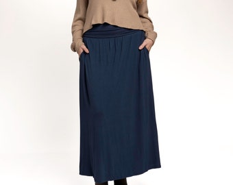 Bamboo Fabric Navy Maxi Skirt with Pockets