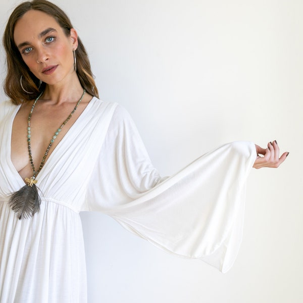 Goddess Dress | Greek Goddess Bell Sleeve Dress | Festival Boho Dress | Boho Wedding Dress in White