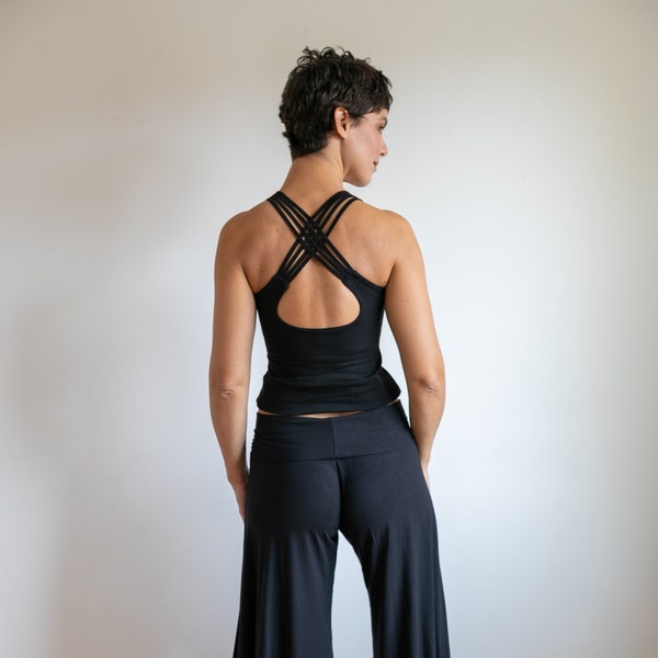 Faith Strappy Yoga Tank Top with Built in Bra in Black