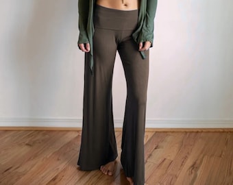 Sage Straight Leg, High Waist, Fold over Palazzo Pants in Mocha