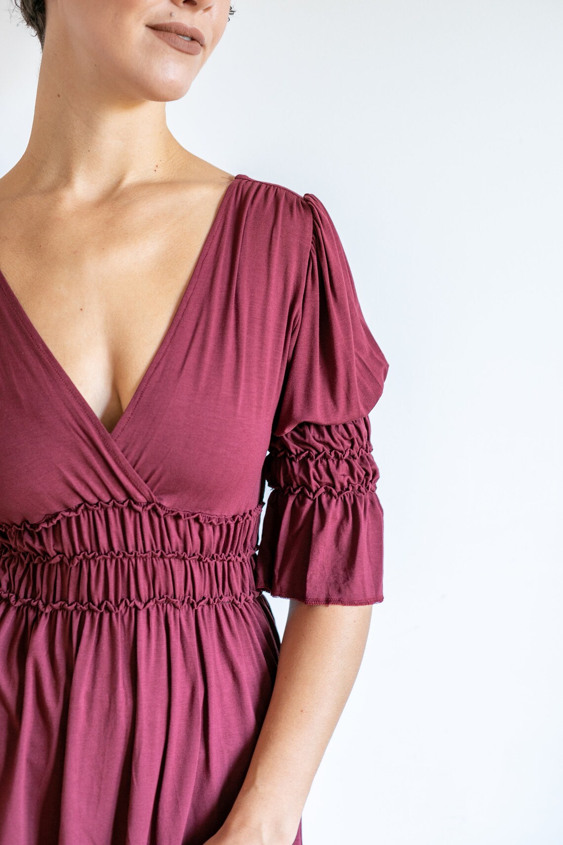 Ruched Empire Waist Rayon Top With Goddess Sleeves