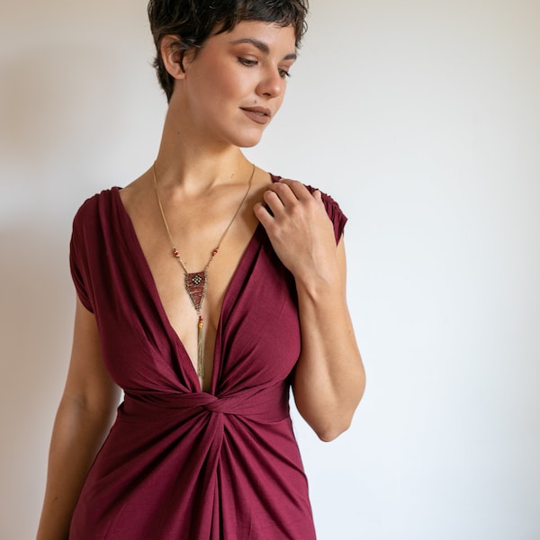 Empire Waist Dress | Knot Front Wrap Dress in Burgundy