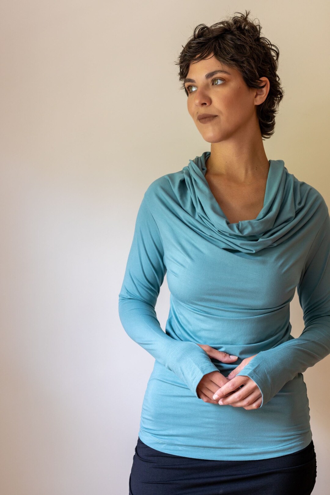 Cowl neck hoodie with thumb holes hotsell