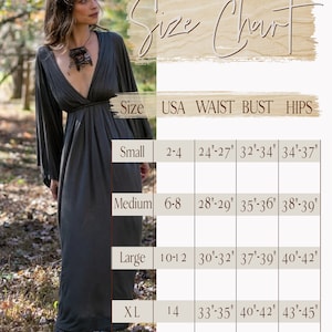 May include: A dark gray long-sleeved maxi dress with a deep V-neckline and gathered waist, presented alongside a size chart table listing sizes Small through 1XL with corresponding USA size ranges and measurements in inches for waist, bust, and hips.