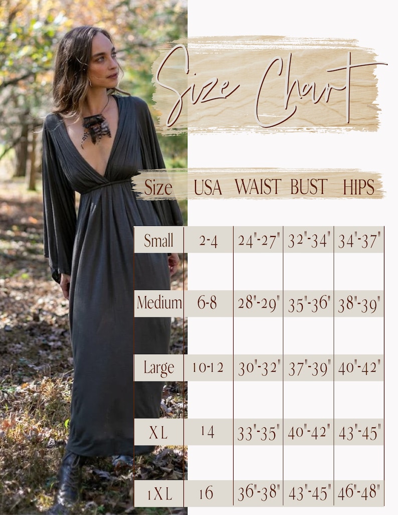 May include: A dark gray long-sleeved maxi dress with a deep V-neckline and gathered waist, presented alongside a size chart table listing sizes Small through 1XL with corresponding USA size ranges and measurements in inches for waist, bust, and hips.