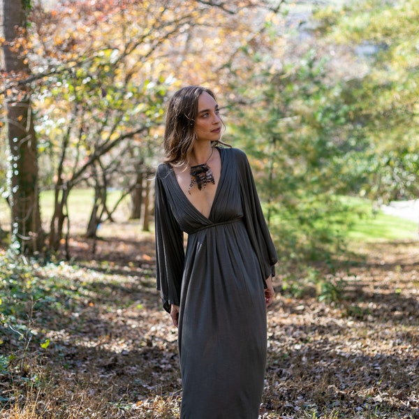 Greek Goddess Dress | Bell Sleeve Goddess Dress | Boho Maxi Dress |  in Olive Green