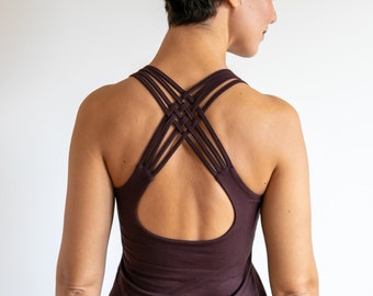 Faith Strappy Yoga Tank Top | Lattice Back Top | Spaghetti Strap Tank Top with Built in Bra in Eggplant