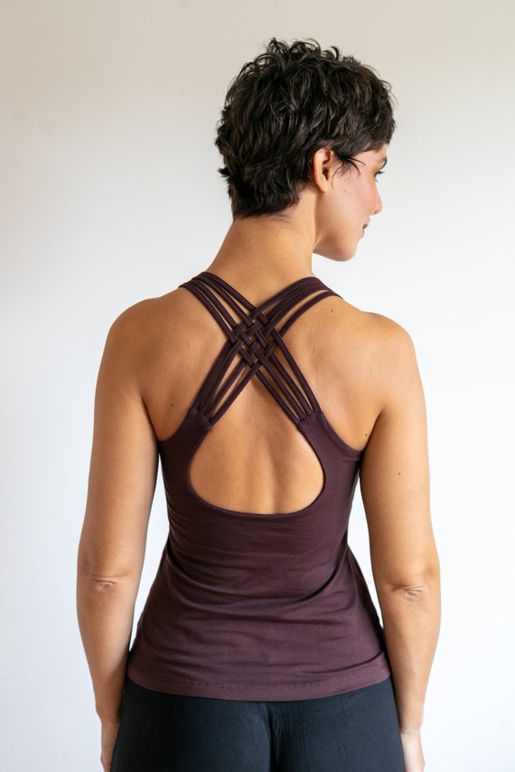 Buy Faith Strappy Yoga Tank Top Lattice Back Top Spaghetti Strap Tank Top  With Built in Bra in Eggplant Online in India 